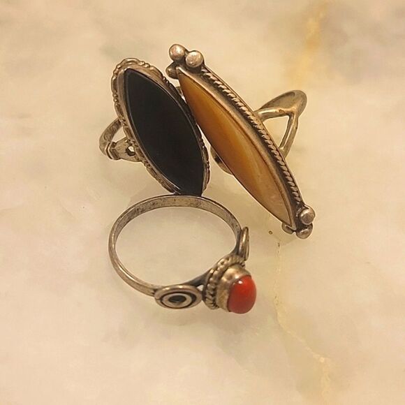 3 Lot Bundle Navajo Native American Sterling Silver Mother Pearl Onyx Coral Ring - Picture 2 of 11